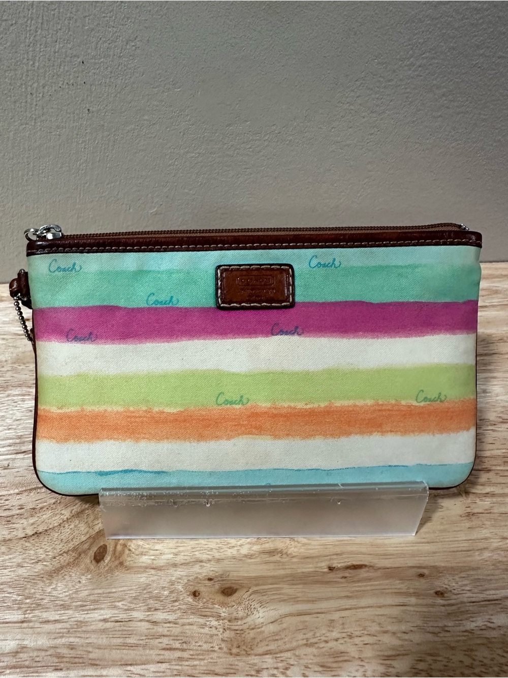 Coach Striped Multicolor Canvas Wristlet with Brown Leather Trim - Picture 12 of 15